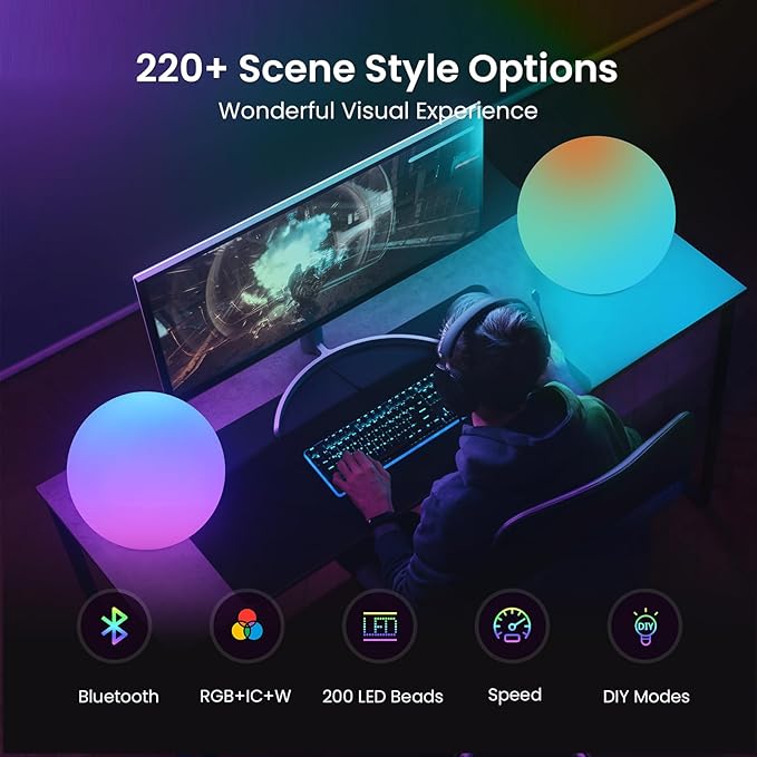LOFTEK Color Changing Night Light, Smart LED Lamp with Bluetooth APP and Remote Control, Music Sync, 220 Scene Modes, 12-inch RGB Ball Mood Lighting for Living Room, Bedroom Event(Corded Electric)