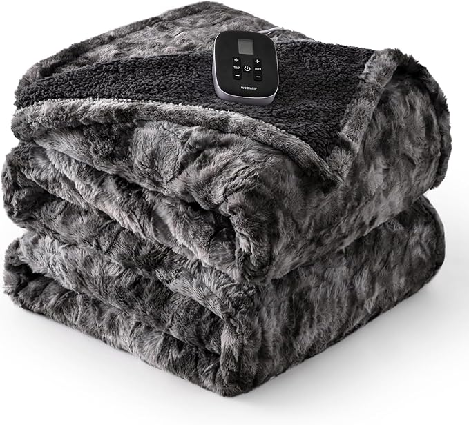 WOOMER Heated Blanket Full Size Electric Blanket 77"x 84", Soft Faux Fur Fast Heating Blanket, 10 Heating Levels & 0.5-12H Auto Off, Over-Heat Protection, ETL Certification