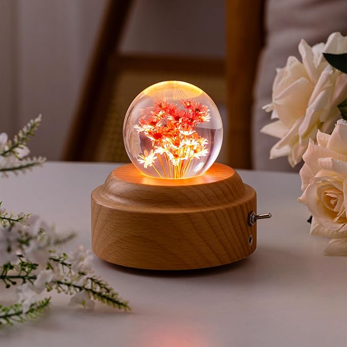 1 Pieces Wooden Red Daisy Wind-Up Music Box with night light You are my sunshine song Mechanism Elegant Romantic Musical Gift for Birthday Anniversary Valentine's Day Women, Girls, Wife, Girlfriend