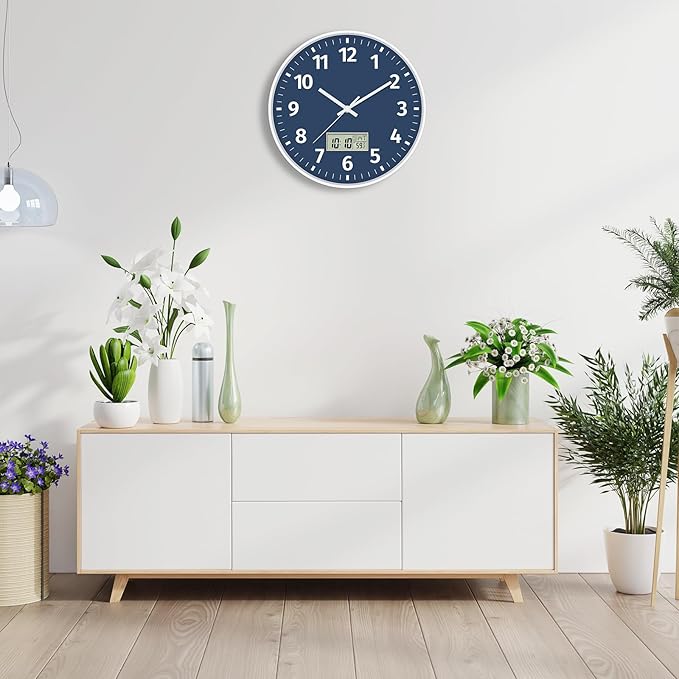 Foxtop Digital Wall Clock with Time, Day of Week and Temperature, Silent Non-Ticking Battery Operated Round Digital and Analog Wall Clock for Classroom Office Bedroom Home School (12 Inch, Blue)