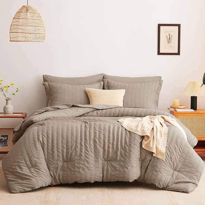 CozyLux Queen Comforter Set Khaki Seersucker 7 Pieces Bed in a Bag Queen Comforter Set with Sheets, Luxury Soft Bedding Set with Down Alternative Comforter, Sheets, Pillowcases & Shams for All Seasons
