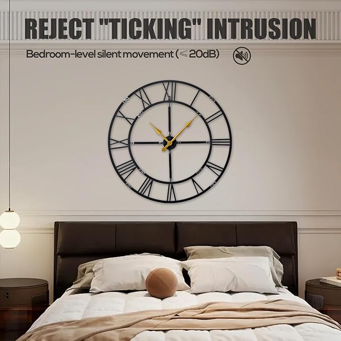 Large Wall Clock for Living Room Decor – 40 Inch Silent Non-Ticking Modern Farmhouse Wall Clock, Oversized Decorative Metal Roman Numeral Clock, Black