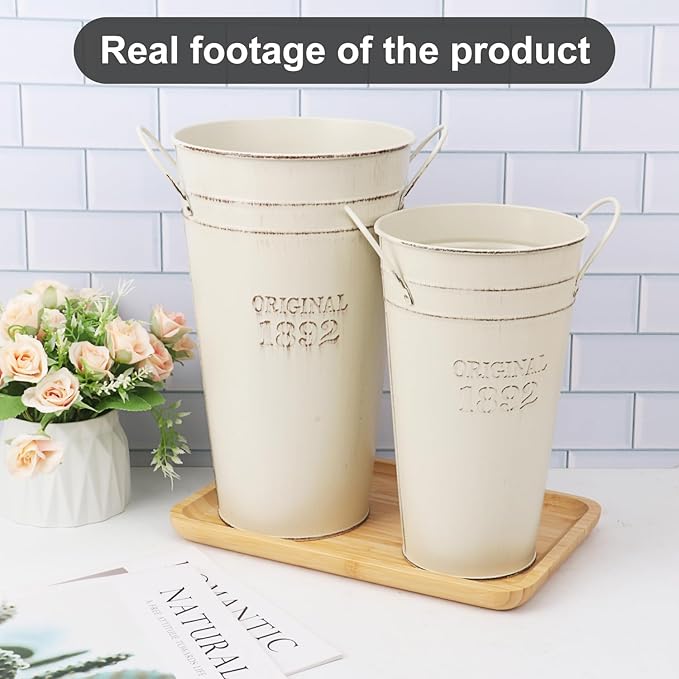6 Packs 12 Inch & 10 Inch Galvanized Metal Flower Vases with Handles, Rustic French Metal Flower Buckets for Cut Flowers, Country Wedding, Table Centerpiece Decorations(Milky White)