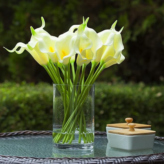 ENOVA FLORAL 20 Pieces Real Touch Calla Lilies Artificial Flowers with Vase, Faux Flowers Arrangement in Glass Vase with Faux Water for Tabletop Decor (Ivory)