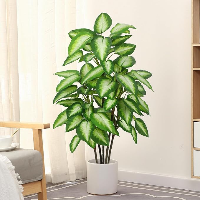 Artificial Golden Dieffenbachia 4ft Tall Artificial Plants Indoor Decorative Silk Plants Potted Faux Tropical Plants Lifelike House Floor Large Fake Plants for Home Living Room Decor