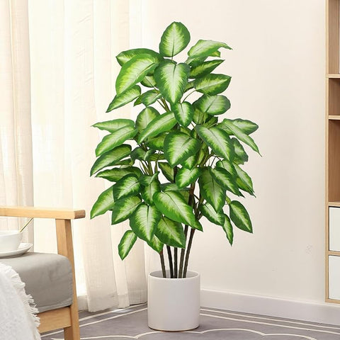 Artificial Golden Dieffenbachia 4ft Tall Artificial Plants Indoor Decorative Silk Plants Potted Faux Tropical Plants Lifelike House Floor Large Fake Plants for Home Living Room Decor
