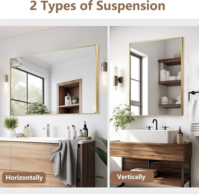 Gold Bathroom Mirror, 24"x36" Rectangle Mirror, Brushed Gold Mirror, Metal Frame Square Corner Vanity Mirror, Wall Mounted Mirror for Modern, Living Room, Bedroom, Horizontal Or Vertical