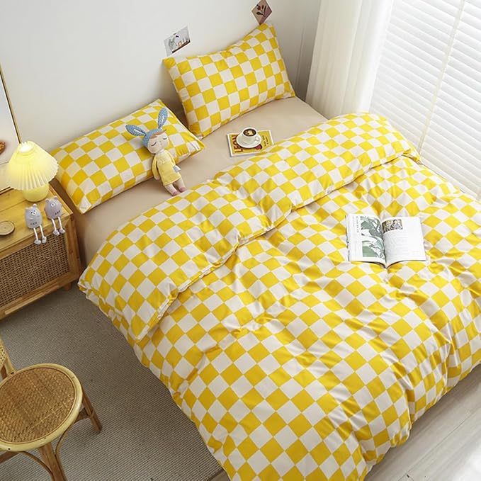 CLOTHKNOW Yellow Plaid King Size Comforter Set 3Pcs Yellow White Bedding Comforter Sets Grid Comforter King Light Yellow Comforter Sets King