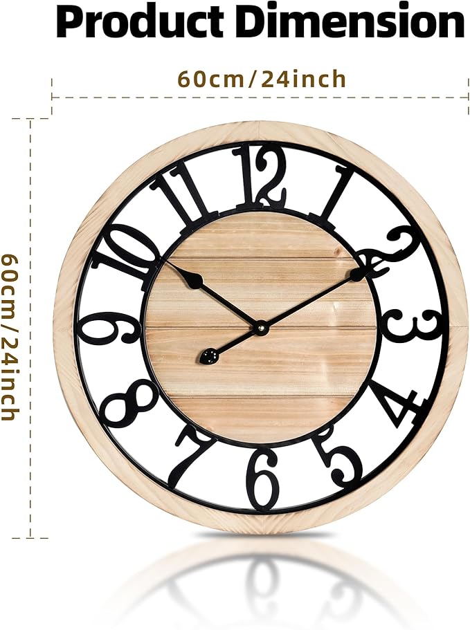 Maxstar 24'' Wall Clock for Living Room Decor, Ultra-Silent Rustic Wooden Farmhouse Wall Clock with Metal & Real Wood Frame, Battery Operated, for Kitchen Bedroom Office, Arabic Numerals