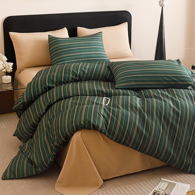 CLOTHKNOW Green Striped Full Comforter Set 3Pcs Green Khaki Black Bedding Comforter Sets Ticking Farmhouse Comforter Full Hunter Green Comforter Soft Boho