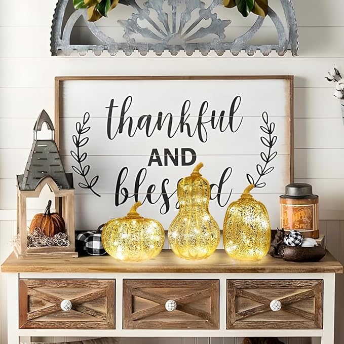 NEEDOMO Lighted Glass Pumpkin Decor, Set of 3 Gold Mercury Glass Pumpkins with Lights and Timer for Fall Thanksgiving Decorations, LED Collectible Figurines Fall Centerpiece for Tables Home
