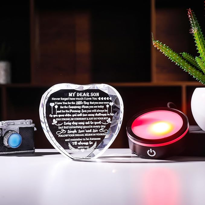 YWHL Meaningful Gifts for Son with Colorful LED Base Birthday Gifts for Son Adult from Mom Dad Crystal Heart Inspirational to My Son Graduation Gift