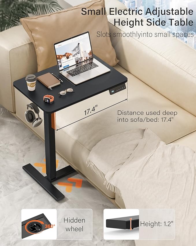 Mobile Standing Desk with Wheels - Electric Height Adjustable Small Movable Laptop Desk, Portable Rolling Computer Sit Stand Side Table for Home Office, Sofa&Bedside Use (23.6",Black)