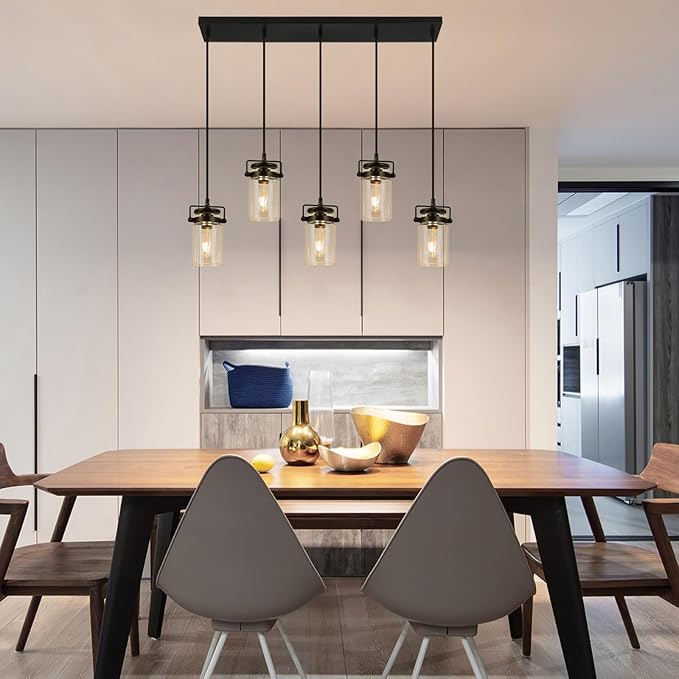 Pendant Lighting for Kitchen Island, Dining Room Light Fixture Black, 5-Light Hanging Linear Chandeliers with Clear Glass Shade Farmhouse Chandeliers for Dining Room(E26 Bulb Base)