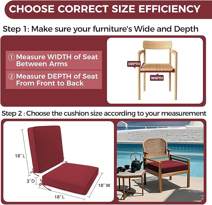 Outdoor Chair Cushion 18 x 18 x 3 Inch, Waterproof & 3-Year Fade Resistant Patio Furniture Cushions, Removable Cover and Adjustable Ties for Garden Sofa Couch (Red)