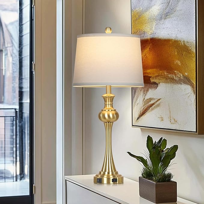 28.75'' Gold Table Lamps for Living Room, 3 Way Touch Control Bedside Lamps with USB A+C Ports & AC Outlets, Modern Metal Nightstand Lamps for Bedroom Living Room Office End Table（Bulb Included）