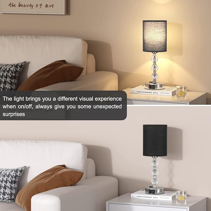 Black Touch Bedside Lamps for Bedrooms - Crystal Table Lamp with USB C+A Charging Port and AC Outlet Nightstand, 3 Way Dimmable Silver Small End Side Table Lamp for Living/Guest/Dinning Room/Kitchen