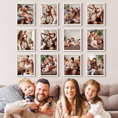 Renditions Gallery Set of 12, 8X10 Custom Photo Prints with Real Wood Picture Frames. Create Personalized Photos with Peel & Stick Photo Frames. White Frame