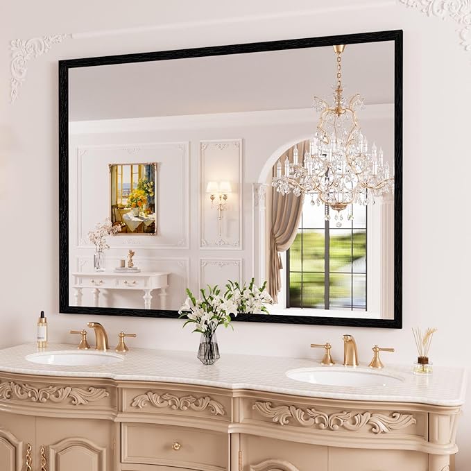 WEER Black Framed Mirror for Bathroom, 40x30 Inch Framed Bathroom Mirror, Rectangular Wall Mounted Mirror, Matte Black Vanity Mirrors, Tempered Glass, Vertically or Horizontally, Anti-Rust
