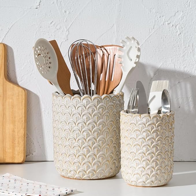 JIEMEI HOME Kitchen Utensil Holder, Large 7.5"+6.2" Petal Ceramic Utensil Crock for Countertop, Utensil Holder with Cork Mat, Morden Utensil Organizer for Spatula, Kitchen Decor, Set of 2, Off-white