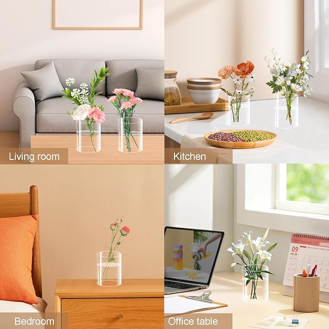 24 Pack Acrylic Vases, 4in Clear Acrylic Cylinder Plastic Flower Vase Bulk Small Plastic Vases for Centerpiece Office Wedding Decor