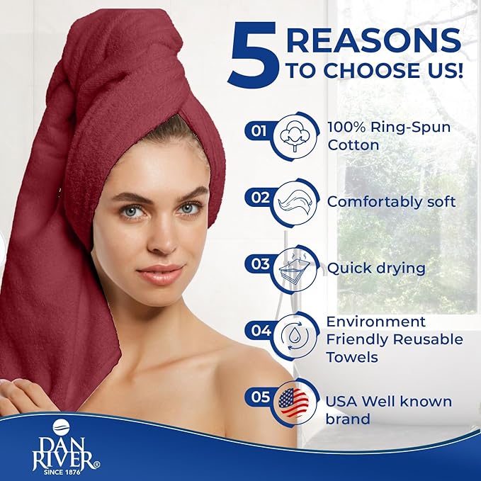 DAN RIVER 8 PC Luxury Bath Towels for Bathroom, 2 Bath, 2 Hand, and 4 Wash Cloths, 600 GSM 100% Ring Spun Cotton Towel Set, Highly Absorbent, Gym, Hotel, and Spa, Pomegranate