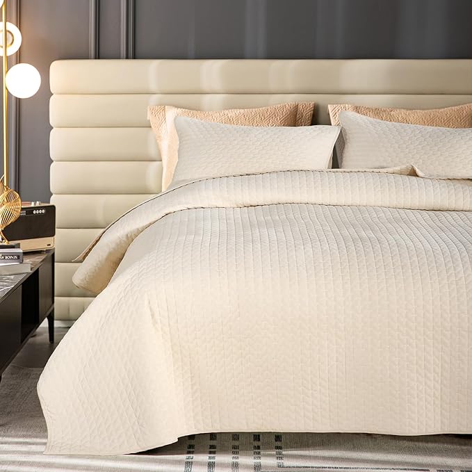 Reversible Velvet Quilt Queen Size, Luxurious Quilted Bedspread Bedding Set, Lightweight Coverlet with Brushed Back, Ultra Soft Cozy Warm for All Season, Cross Stitch Striped, Cream