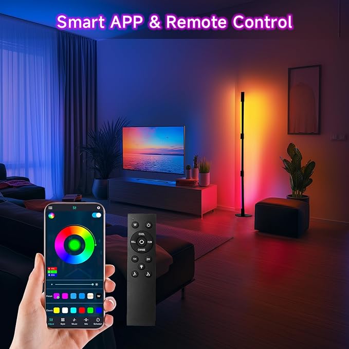 Corner Floor Lamp - Black RGB LED Floor Lamp with Music Sync and 16 Million DIY Colors, App & Remote Control, Color Changing Modern Smart Corner Lamp for Bedroom Living Room