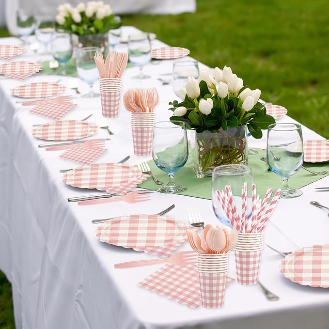 400PCS Light Pink Gingham Party Supplies, Scalloped Disposable Tableware Set Includes Paper Plates Napkins Cups Straws Forks Knives Spoons for Baby Shower Birthday Wedding Decorations, Serve 50