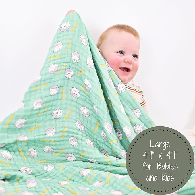 LollyBanks Muslin Baby Blanket 100% Organic Cotton, Muslin Quilt Lightweight, Toddler Blanket for Boys and Girls, 6 Layers Baby Blankets 47"x 47", Soft Nursery Receiving Blankets (Golf Print)