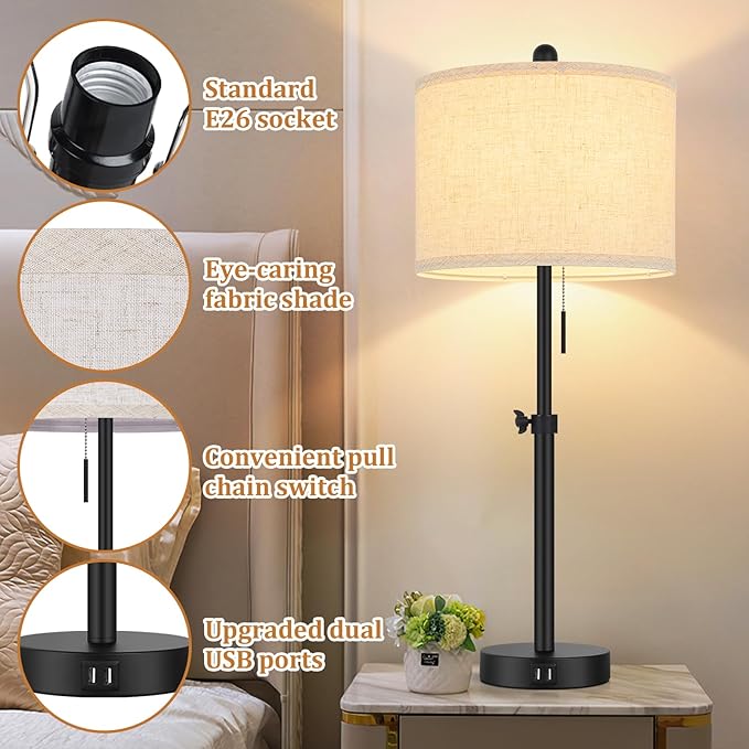 Adjustable Table Lamps for Bedroom Set of 2, 23''-30'' Height Adjusted Bedside Lamps with 2 USB Ports, Black Nightstand Lamps with Cream Linen Shade, Modern Industrial Living Room Lamp Set, Pull Chain