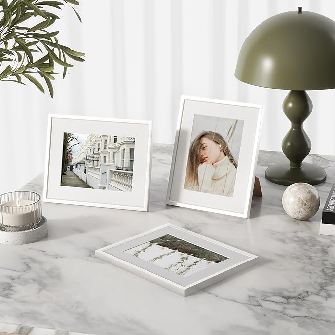 8x10 inch Metal Picture Frame - 8 x 10 Thin Aluminum Photo Frames with 5x7 Removable Mat - High Definition Plexiglass - Ideal for Wall or Tabletop Display - Wall Hook Hanging Hardware Included - Silver, Set of 4