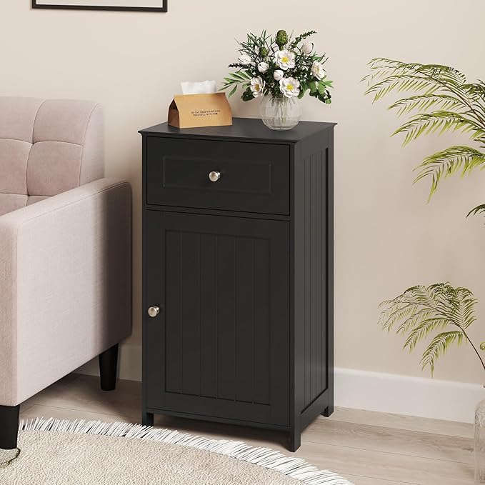 Tangkula Small Bathroom Cabinet for Small Spaces, Free-Standing Single Door Storage with Adjustable Shelf, Anti-Tipping Device, Smooth Drawer, Floor Cabinet for Bathroom & Living Room (Black)