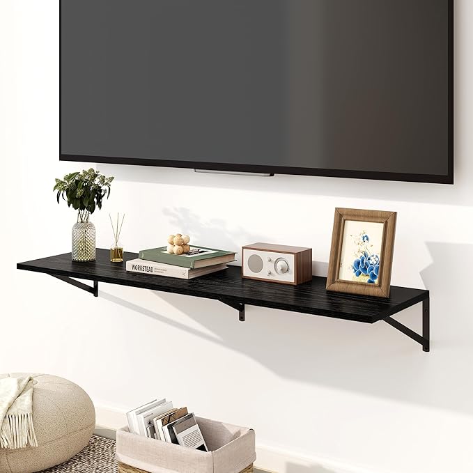 Fun Memories Floating Shelves for Wall, 12 Inch Deep Floating Shelves Set of 2, 48W x 12D Large Wall Shelf with Sturdy Metal Brackets for Living Room, Bathroom, Bedroom and Kitchen, Black
