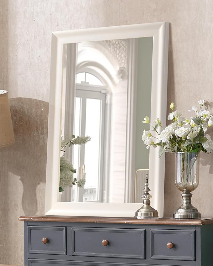 CULER White Wood Wall Mirror for Bathroom,Rectangle Rustic Beige 24 x 36 inch Hanging Vanity Ivory Mirrors with Wooden Frame for Living Room,Bedroom,Entryway