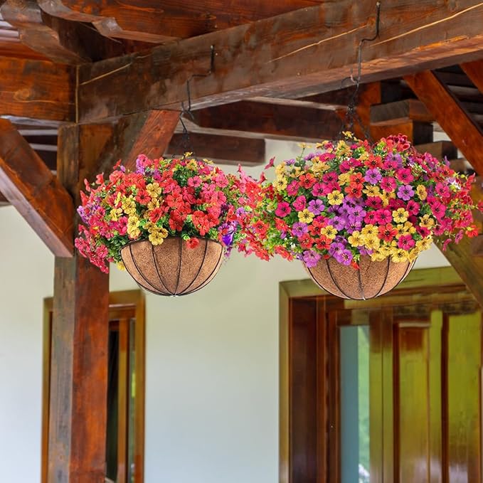 Orgrimmar 2 Pack Artificial Hanging Flowers Basket Outdoor Fake Hanging Plants UV Resistant Realistic Silk Flowers Eucalyptus in Coconut Lining Baskets for Home Porch Balcony Patio Yard Muti-Color
