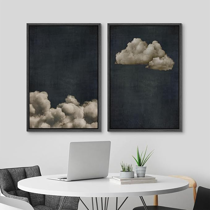 MUDECOR Framed Canvas Print Wall Art Vintage Cloudscape Dark Moody Sky with Floating Clouds Illustrations Modern Art Decorative Chic for Living Room, Bedroom, Office - 16"x24"x2 Black