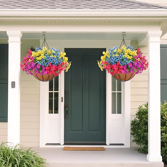 2 Set Outdoor Artificial Hanging Baskets, UV Resistant Faux Fake Hanging Flowers Plants Planters for Spring Summer Front Porch Patio Yard Garden Home Decor (Purple, Yellow, Hot Pink, Blue)