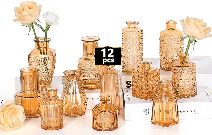 Mini Bud Vases Set of 12 As Wedding Centerpieces for Tables,Clear Bud Vases for Flowers,Small Flower Vases Suitable for Birthday Party,Anniversary,Wedding Reception,Baby Shower (Amber, 12PCS)