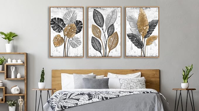 Large Framed Canvas Wall Art - Natural Float Framed Black Brown Gray Leaf Pattern Pictures Decor Rustic Foliage Plants Artwork for Living Room Bedroom Kitchen Home Office Decoration 60" X 28" Set of 3