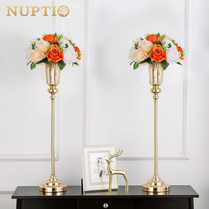 NUPTIO Flower Ball Arrangement Bouquet - 10 Pcs 9.5 inch Diameter Orange Fake Flowers Roses Balls for Centerpieces Tables - Artificial Rose Arrangements for Wedding Centerpiece Table Decorations