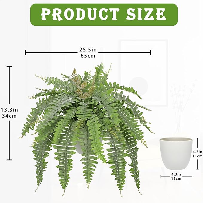 Hollyone Artificial Fern Plants in White Pot 25.5" Medium Artificial Boston Fern 31 Leaves for Outdoors & Indoor Faux Potted Plants Fake Ferns Bush Plant Patio Garden Farmhouse Porch Decor Dusty Green