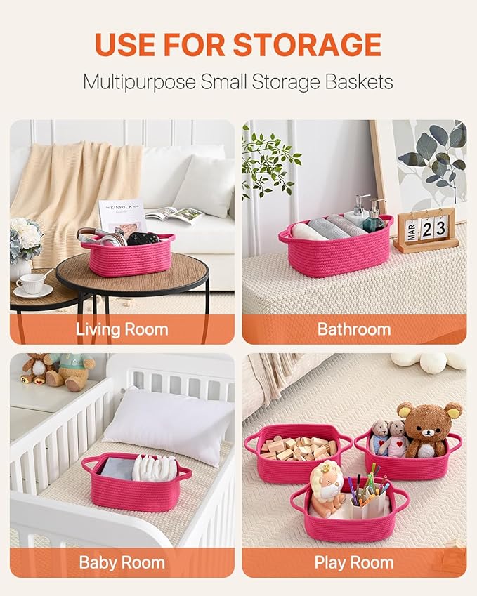 KALLAX Small Woven Basket, 12 x 8 x 4.5 Inches, Small Storage Baskets for Organizing, Gift Baskets Empty, Cute Rope Shelf Closet Storage Bins for Shelves, Dog Toy Basket, 3 Packs, Hot Pink