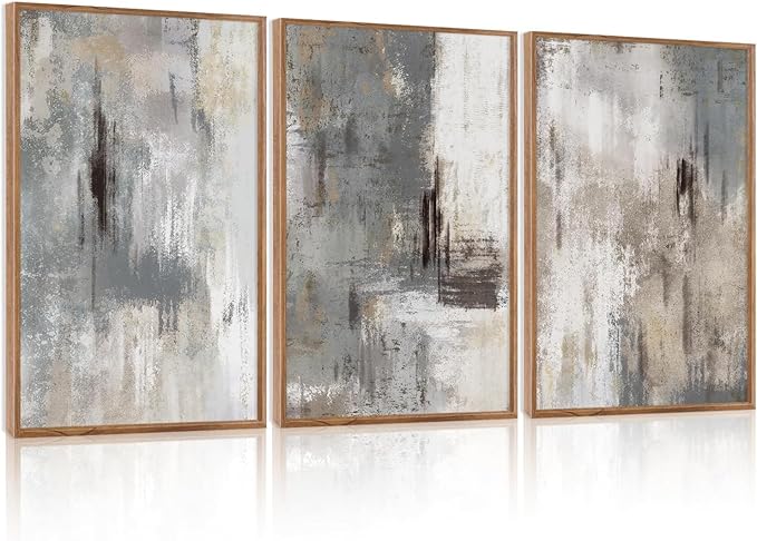Large Abstract Grey and Beige Framed Canvas Wall Art,Neutral Brush Stroke Wall Decor,Natural Modern Color Block Artwork,Minimalist Nordic Art Print for Living Room,Bedroom,Office-24 x36 x3
