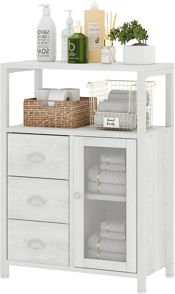 Homeiju Bathroom Floor Storage Cabinet Organizer with 3 Removable Drawers and 1 Door, Industrial Floor Storage Cabinet for Kitchen, Living Room, Bathroom, Home Office