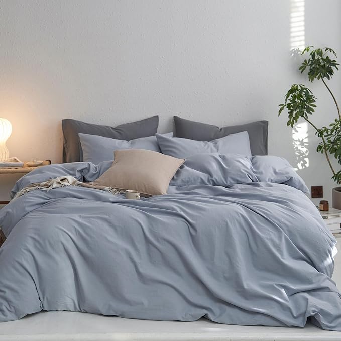 MooMee Twin Duvet Cover Set, 100% Washed Cotton Linen Like Twill Thick Sturdy Material Super Soft Breathable Durable Bedding for All Season, 2 Pieces (Cornflower Blue, Twin 68"x90")
