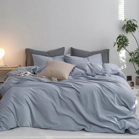 MooMee Twin Duvet Cover Set, 100% Washed Cotton Linen Like Twill Thick Sturdy Material Super Soft Breathable Durable Bedding for All Season, 2 Pieces (Cornflower Blue, Twin 68"x90")