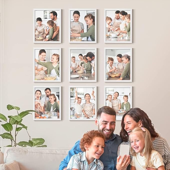 Renditions Gallery Set of 9, 8X10 Custom Photo Prints with Real Wood Picture Frames. Create Personalized Photos with Peel & Stick Photo Frames. White Frame