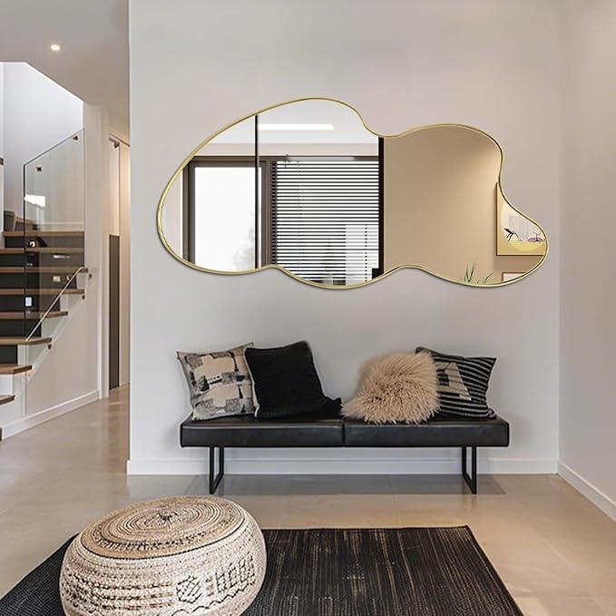 Gold Irregular Mirror, Asymmetrical Wall Mirror, 49.6"x26" Cloud Shaped Mirrors, Large Metal Frame Mirrors for Living Room Bathroom Bedroom Hallway Entryway Fireplace
