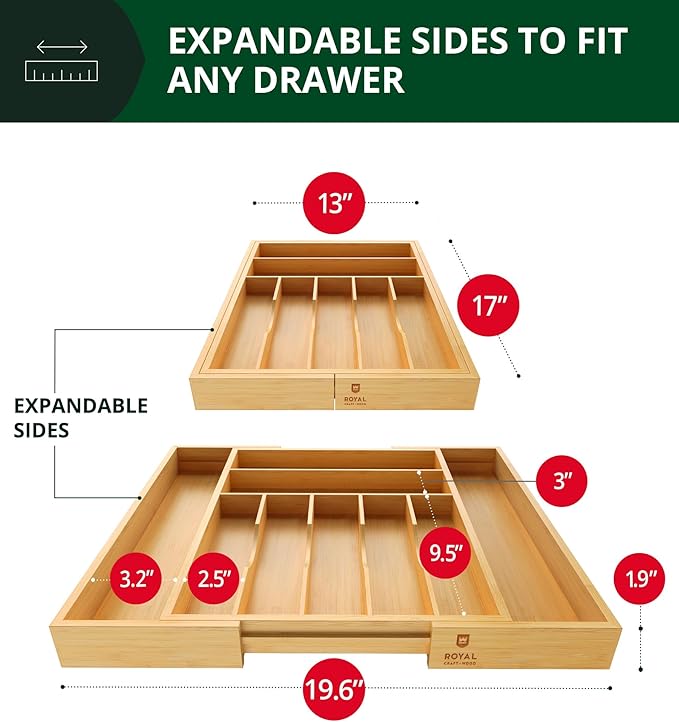 ROYAL CRAFT WOOD Luxury Bamboo Kitchen Drawer Organizer - Silverware Organizer, Utensil Holder & Cutlery Tray Drawer Dividers for Flatware (9 Slot, Natural)